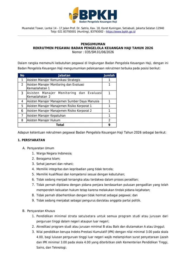 Rekrutmen Badan Pengelola Keuangan Haji 2026